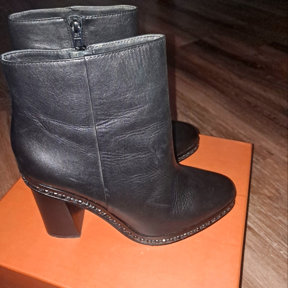 Coach Black Leather Block Heel Ankle Boots